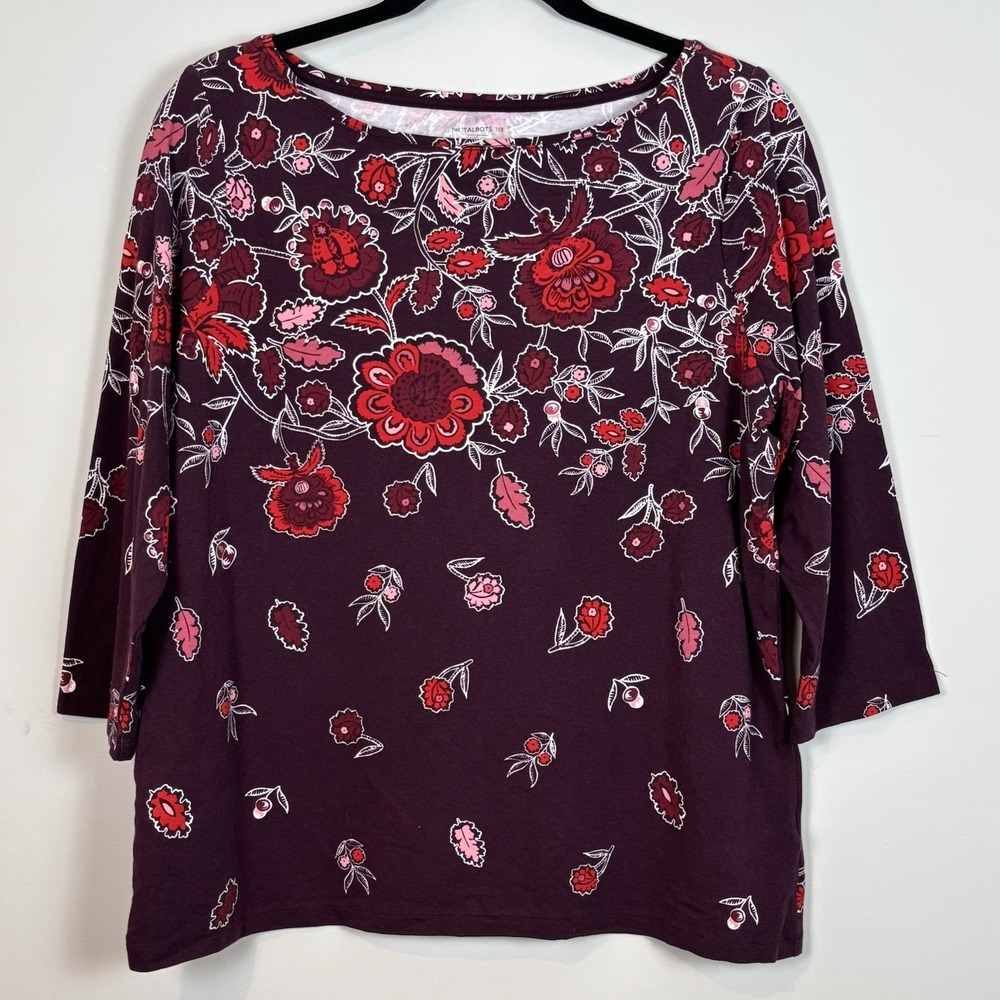 Talbots Red Floral 3/4 Sleeve Womens Talbots Tee Sz Petite 1X Scoop Neck Stretch